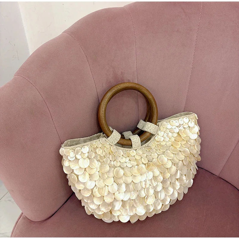 Fashion High-End Shell Bag | Niche Design Pearl Inlay Half-Moon Bag & Handmade Shell Beaded Handbag (New Versatile Crossbody)