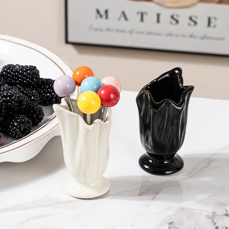 High-end home stainless steel fruit fork and dessert set, with ceramic storage container - innovative fruit fork