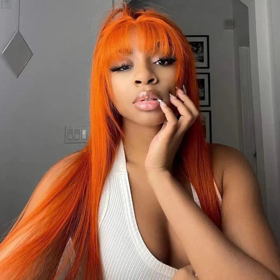 Ginger Orange Straight Human Hair Wig with Bangs | Full Machine Made Peruvian Remy Hair (Wear & Go)