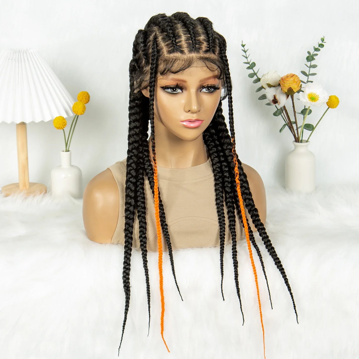 Knotless Box Braids Full Lace Wig | Cornrow Accents | Baby Hair | Synthetic Braided Wig