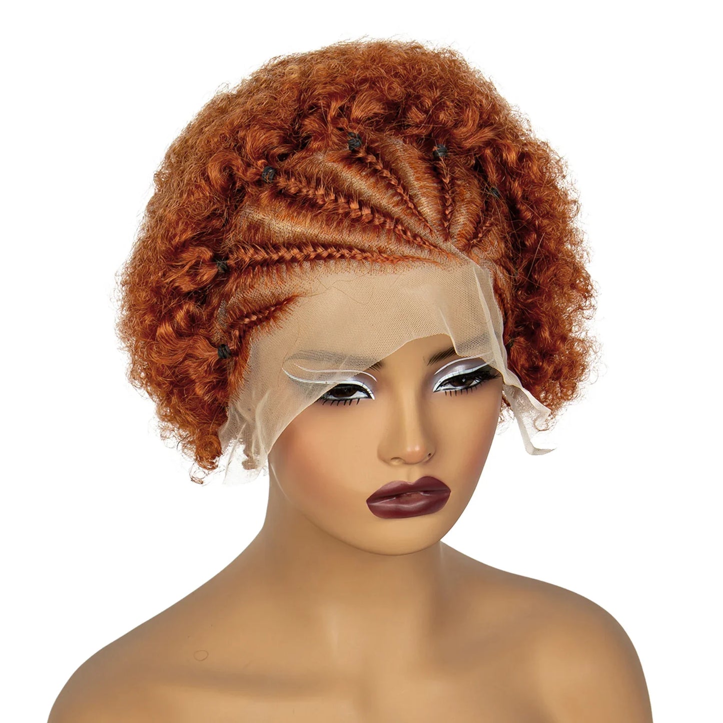 350# Ginger Orange Synthetic Knotless Braided Wig | 13x4 Transparent Lace Front Short Afro Kinky Curly Braids