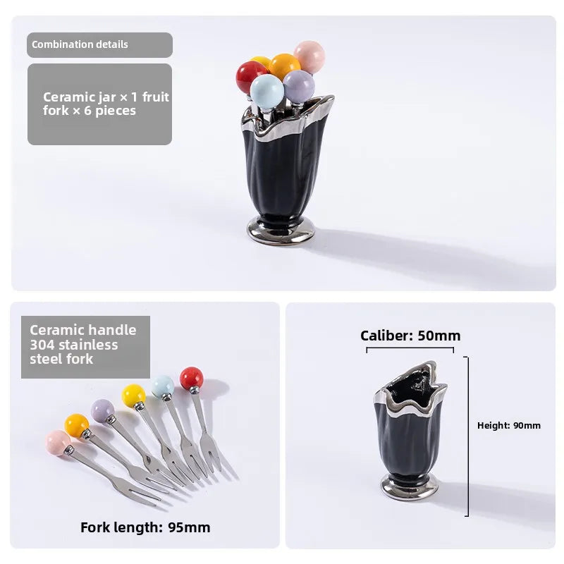 High-end home stainless steel fruit fork and dessert set, with ceramic storage container - innovative fruit fork