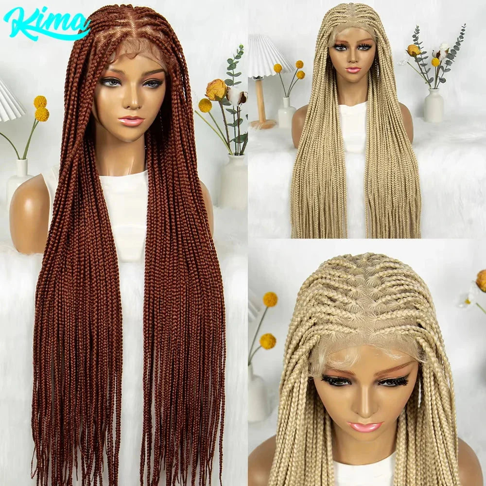 HD Knotless Box Braided Full Lace Wig | Ginger 350# & 613# Blonde | Synthetic Crochet Braids | Black Women