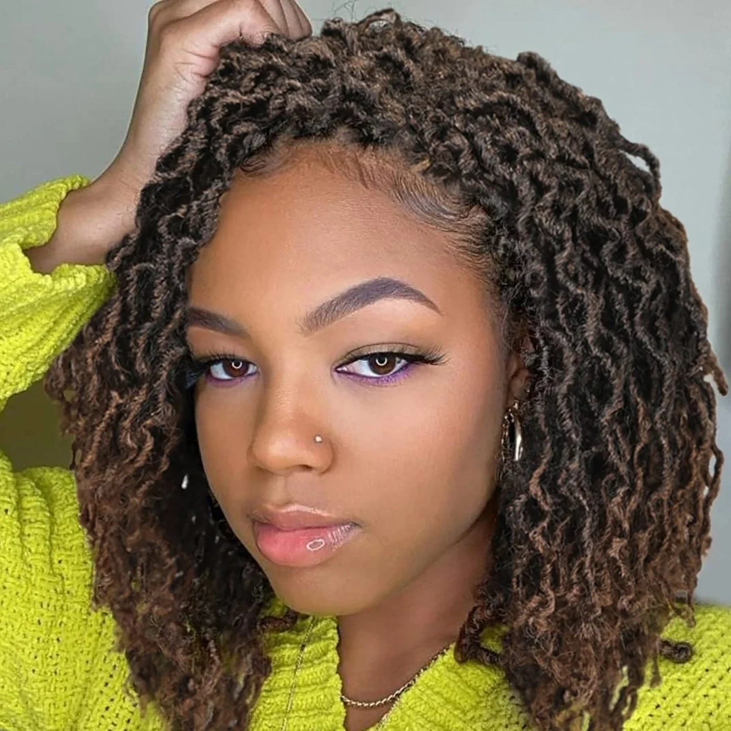 Short Goddess Faux Locs Wig | Brown Highlight Dreadlock Wig | Afro Braided Crochet Wig | Synthetic Hair