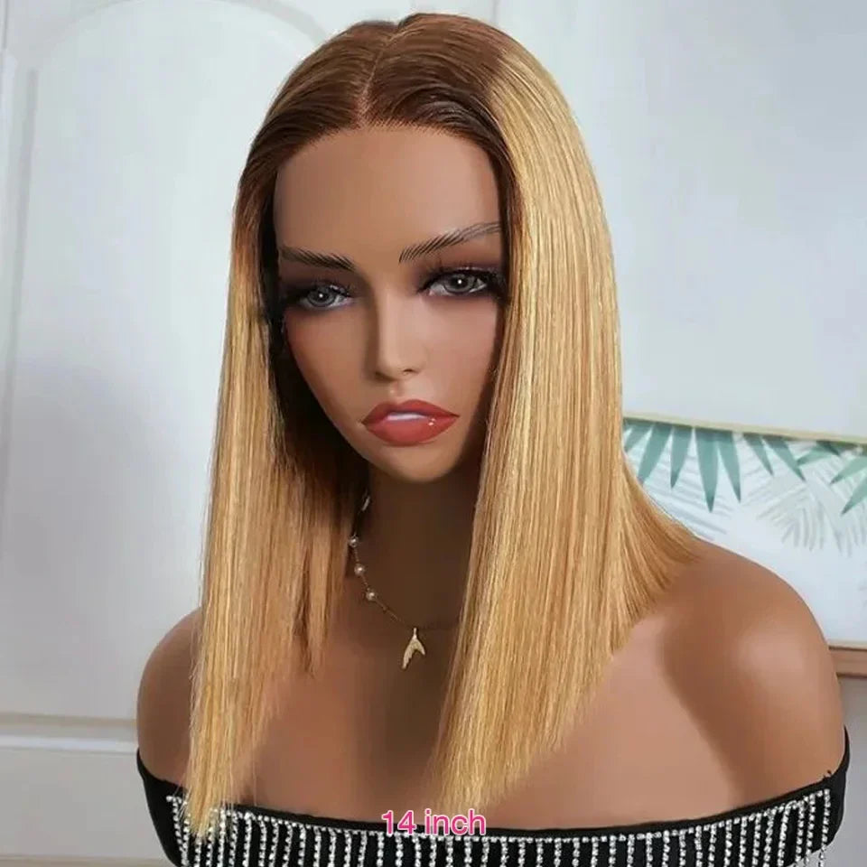 Highlight Blonde Straight Bob Wig | Transparent T-Part Lace Front Human Hair (Pre-Plucked & Bleached Knots)