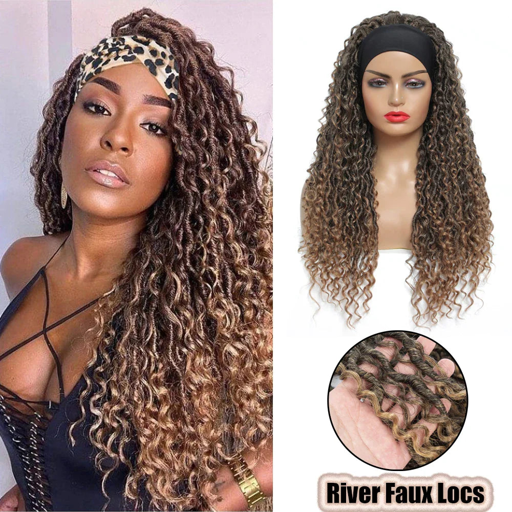 Product Title: 26" Ombre Brown Headband Braided Wig | Faux Locs with Curly Ends | Synthetic Dreadlock Wig