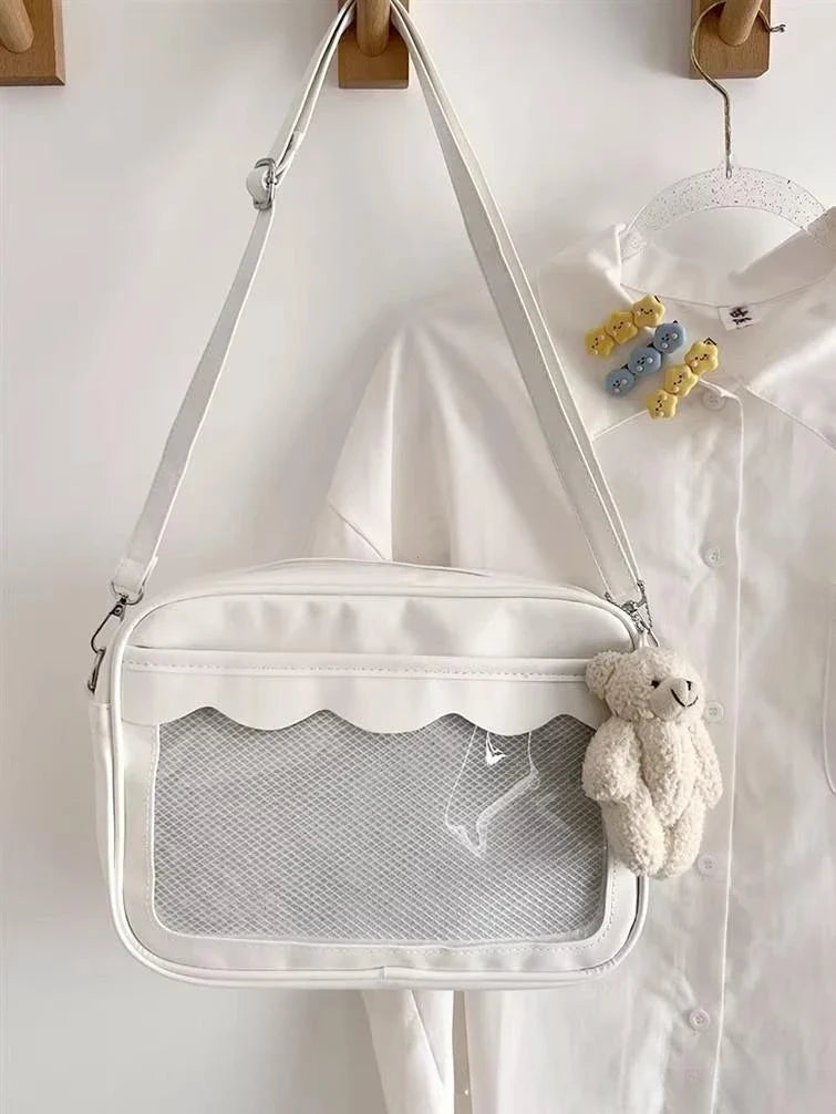 Women's PU Transparent Pocket Ita Bag | High School Girls JK Uniform Crossbody Shoulder Handbag (Fashion Satchel)