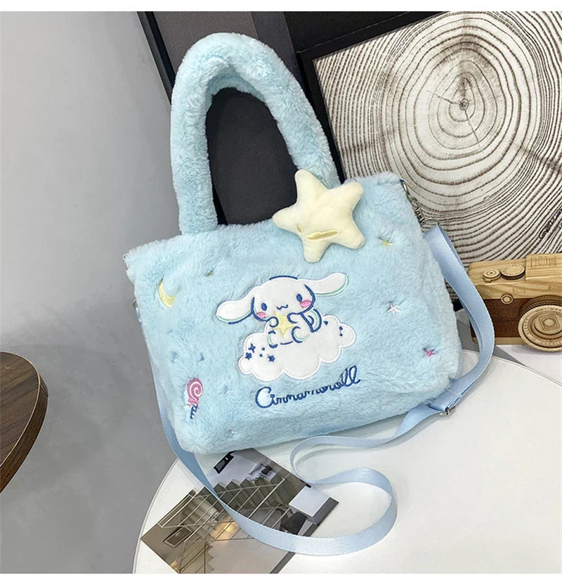 Kawaii Hello Kitty Plush Shoulder Bag | My Melody Cinnamoroll Kuromi Cute Cartoon Anime Handbag (Soft Storage Bag for Women & Girls)