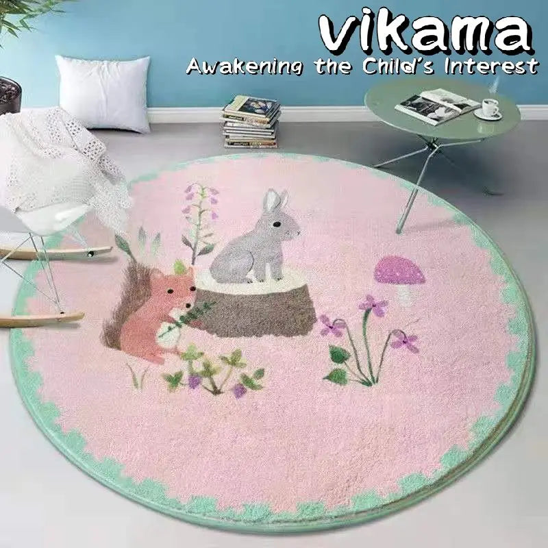 VIKAMA Cartoon Animal Imitation Cashmere Round Carpet Living Room Bedroom Bedside Sofa Decorative Carpet Anti-slip Washable Rug