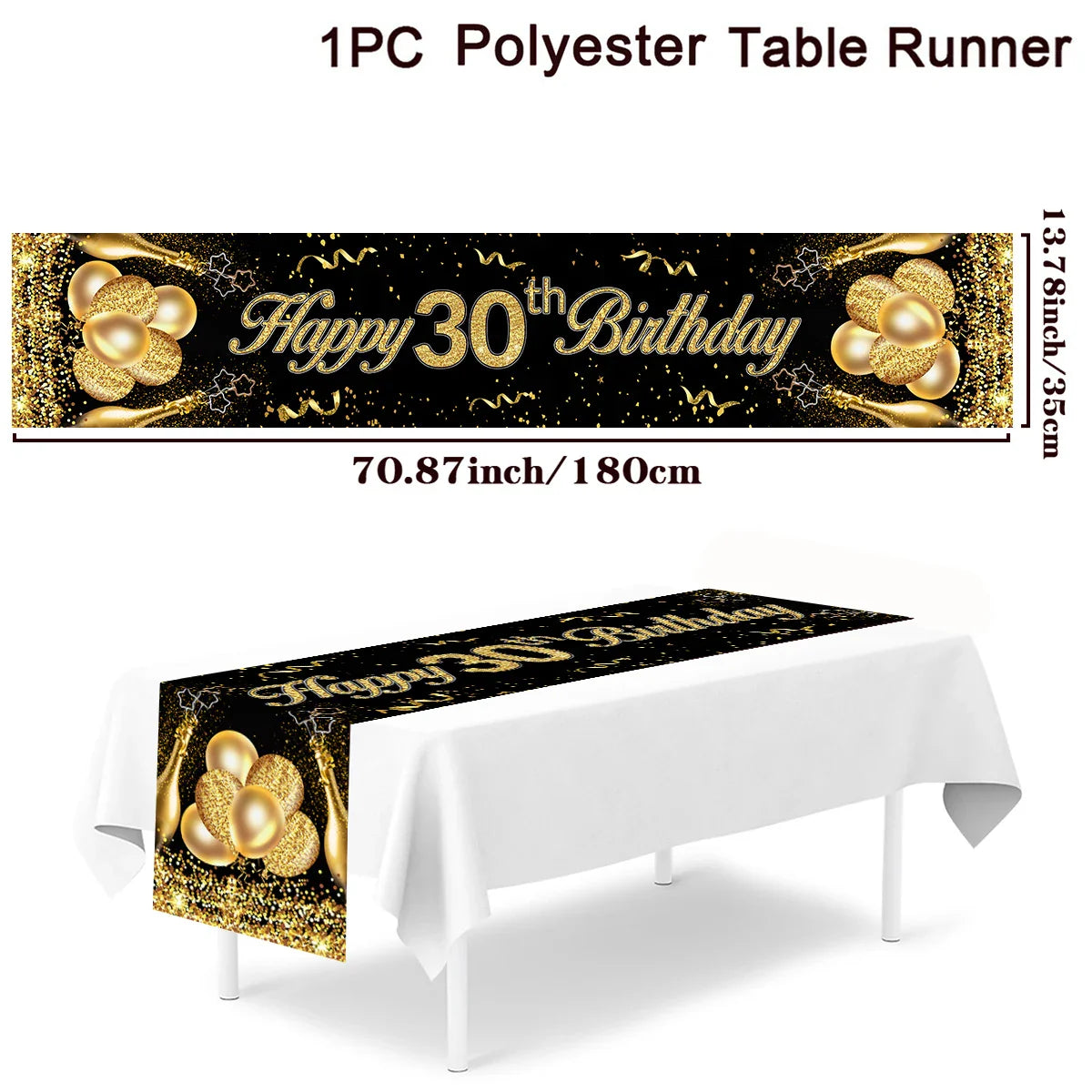 Black Gold Happy Birthday Table Runner 30th 40th 50th Birthday Party Decoration Adult  Anniversary Birthday Party Supplies