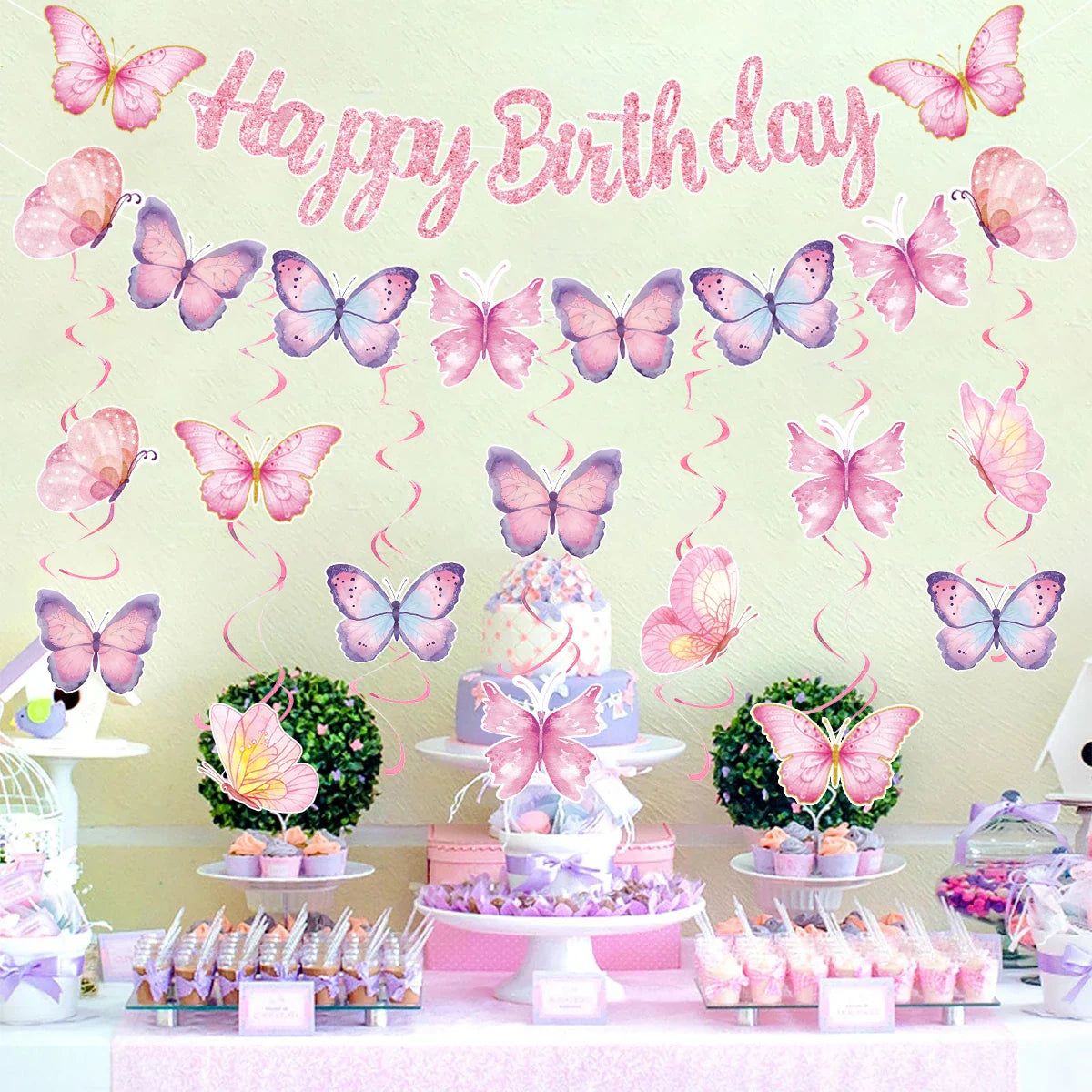 Butterfly Banner Spiral Set Happy 1st Birthday Party Decorations Kids Girls Favors Gifts Spring Butterfly Theme Hanging Pendant