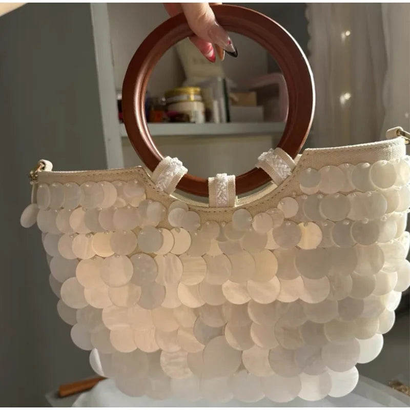 Fashion High-End Shell Bag | Niche Design Pearl Inlay Half-Moon Bag & Handmade Shell Beaded Handbag (New Versatile Crossbody)