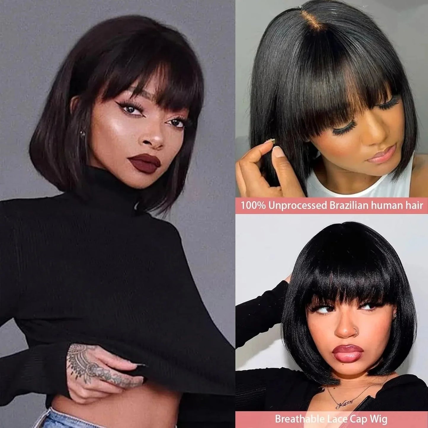 Brazilian | Remy | 100% Human Hair | Natural | Black | Put On and Go | Realistic | Glueless | Transparent | Yaki Straight | Bob with Bangs