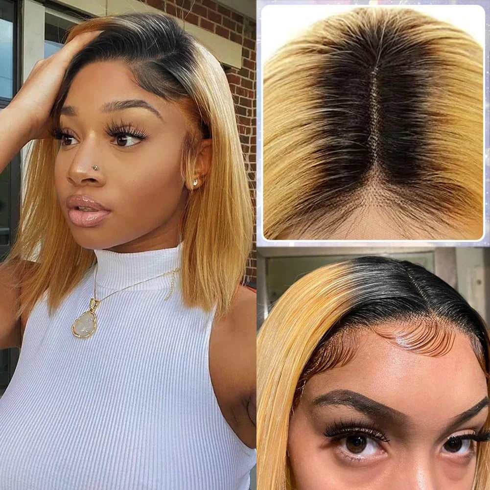 Ombre 1B/27 Straight Bob Lace Front Human Hair Wig | 13x4 Transparent Lace | Pre-Plucked