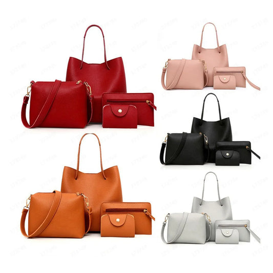 4pcs Women Lady Fashion Handbag Set | Shoulder Bags, Tote, Purse, Messenger Satchel & Crossbody with Card Case Holder Wallet for Girls