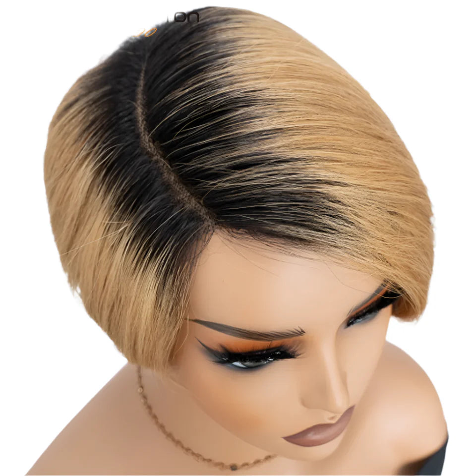 Natural Honey Color Pixie Bob Wig | Straight Human Hair with Bangs & Part Lace