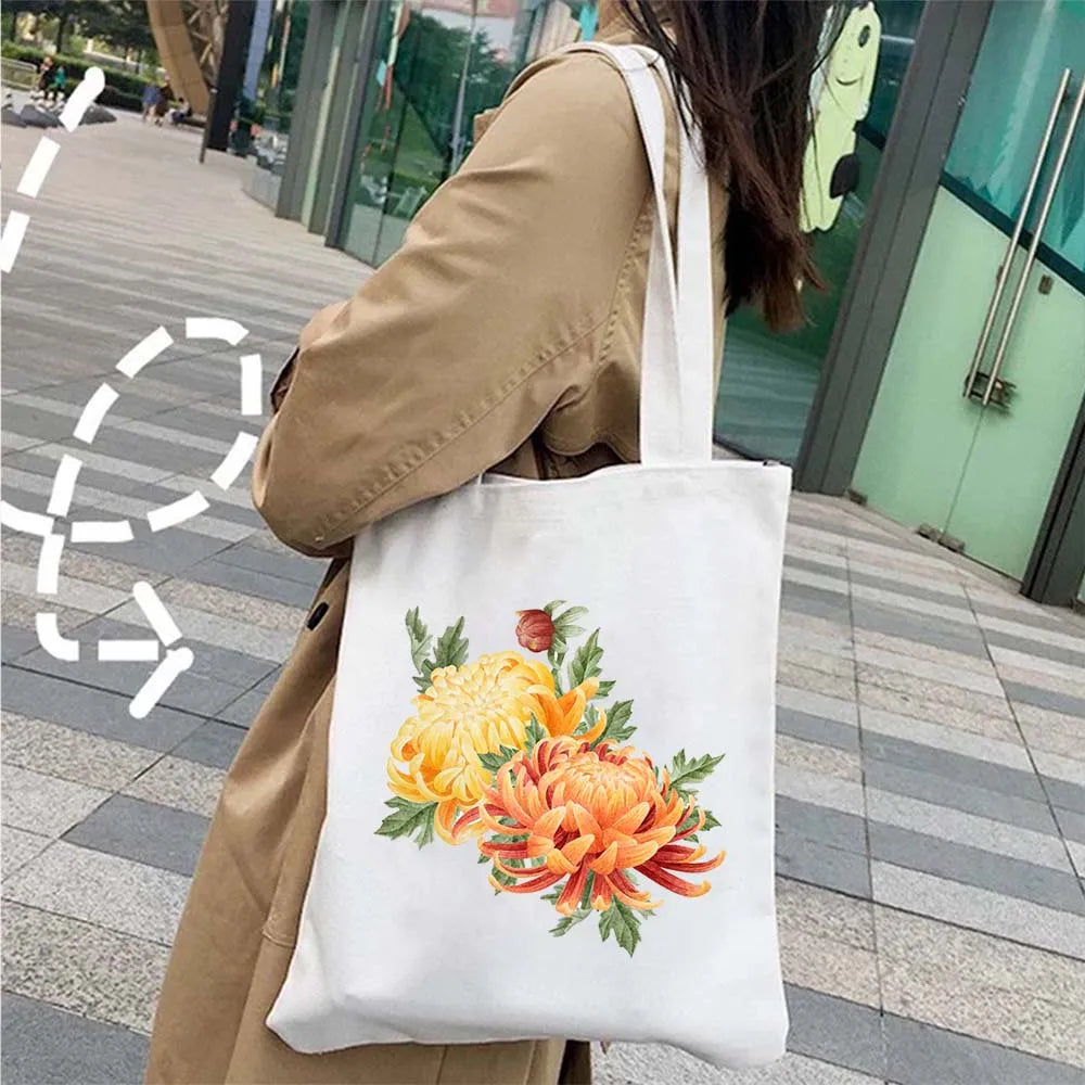 Succulove Floral Cotton Tote Bag | Large Capacity Handbag with Tulips, Hydrangeas, Sunflowers & More (Casual Shoulder Shopper, Eco-Friendly)