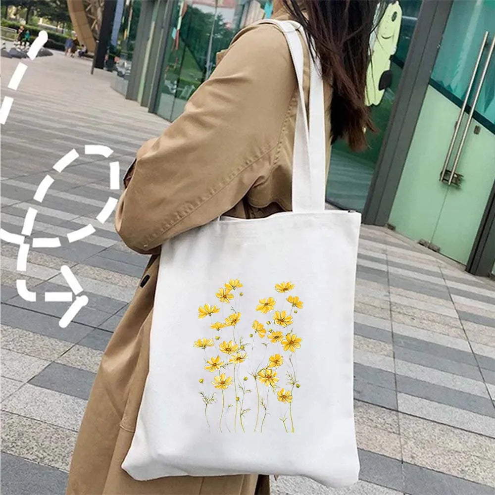 Succulove Floral Cotton Tote Bag | Large Capacity Handbag with Tulips, Hydrangeas, Sunflowers & More (Casual Shoulder Shopper, Eco-Friendly)