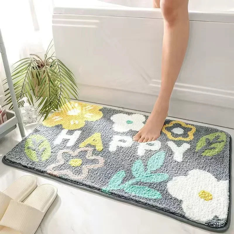 VIKAMA | Fresh Floral Imitation Cashmere Rug - Non-Slip, Absorbent Bathroom Mat/Living Room Doormat/Multi-Purpose Foot Mat
