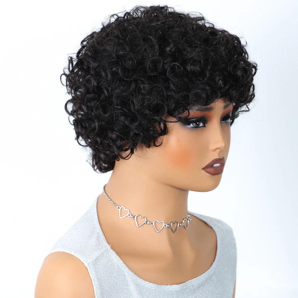 Brazilian Short Pixie Bob Afro Kinky Curly Wig with Bangs | Full Machine Made Human Hair (Natural Brown & 99J)