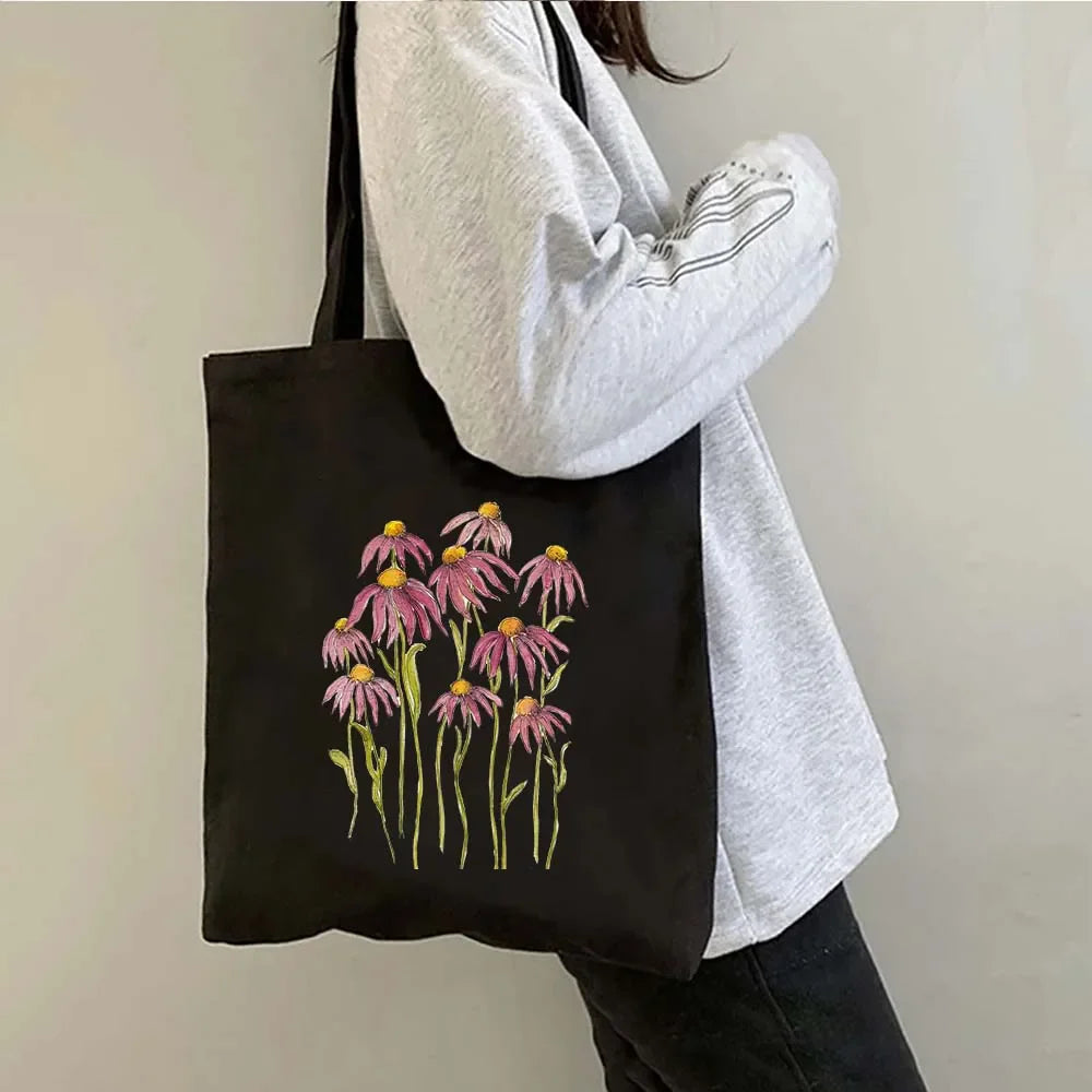 Succulove Floral Cotton Tote Bag | Large Capacity Handbag with Tulips, Hydrangeas, Sunflowers & More (Casual Shoulder Shopper, Eco-Friendly)