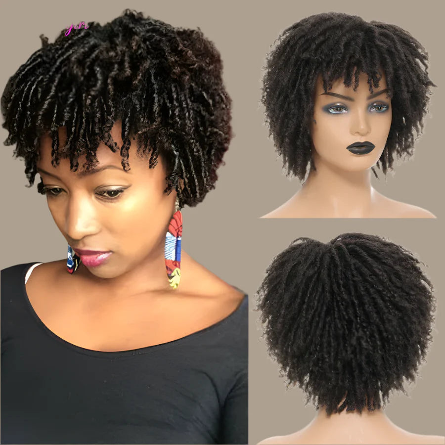 Short Afro Curly Faux Locs Wig | Twist Braids | Heat Resistant | Ombre Brown | Black Women
