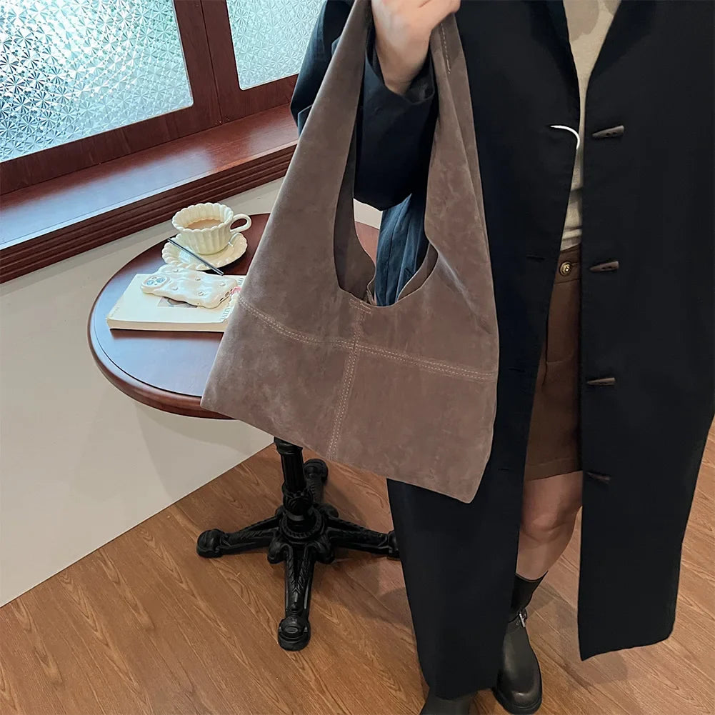 Women's Faux Suede Tote Bag | Vintage Large Capacity Shoulder & Underarm Handbag (Designer Style, Simple Commuting Bag)