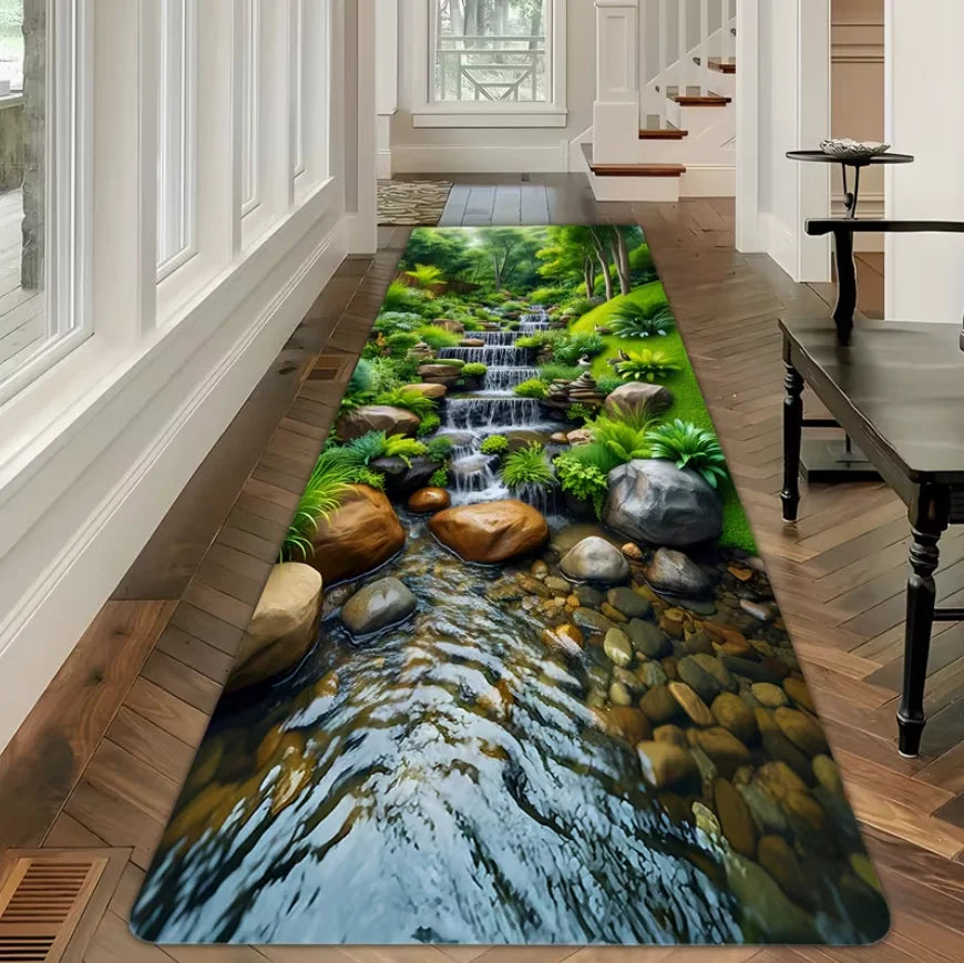 1pc Waterfall Forest Flower Printed Long Corridor Carpet Runway Doormat for Kitchens Entrances Living Rooms Home Decoration Rugs