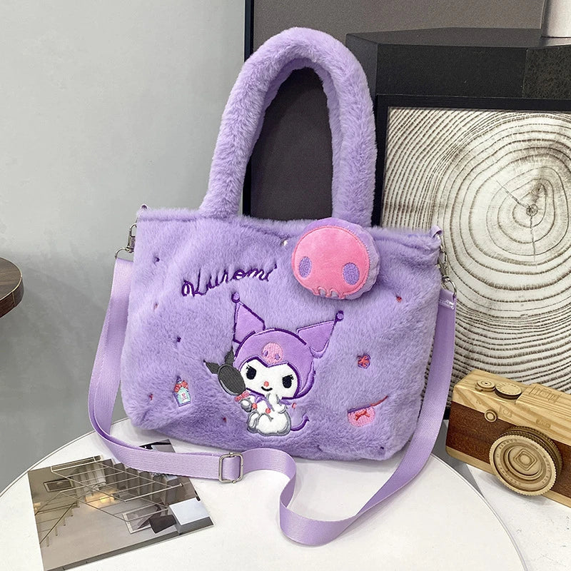 Kawaii Hello Kitty Plush Shoulder Bag | My Melody Cinnamoroll Kuromi Cute Cartoon Anime Handbag (Soft Storage Bag for Women & Girls)