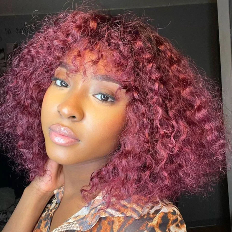 Highlight Honey Blonde Jerry Curly Bob Wig with Bangs | Non-Lace Front Human Hair