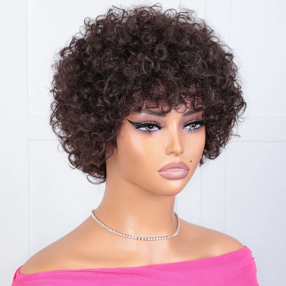 Sleek Short Pixie Afro Kinky Curly Wig with Bangs | Glueless Peruvian Remy Hair Bob