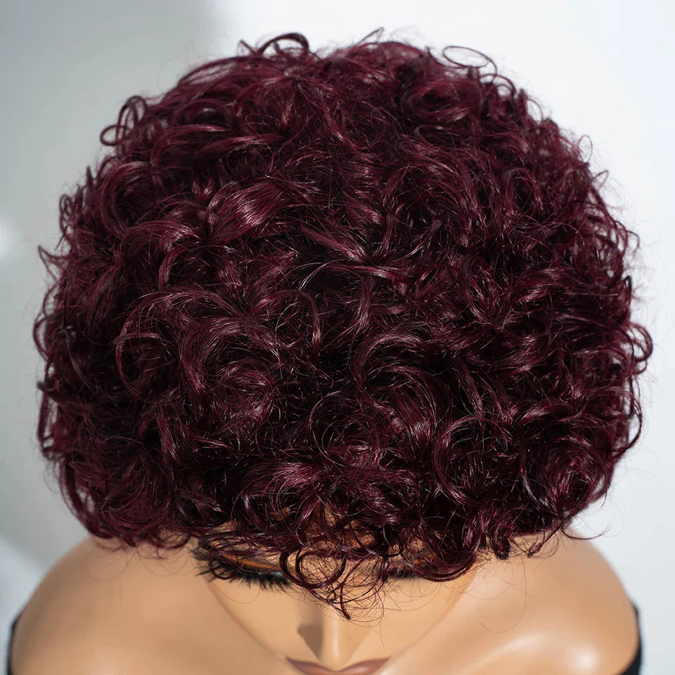 Malaysian Afro Kinky Curly Pixie Bob Wig with Bangs | Natural Brown & 99J Full Machine Made Remy Human Hair