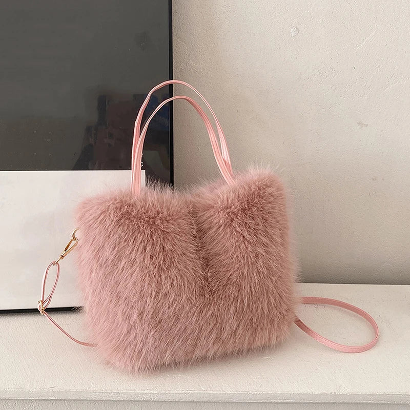 Faux Fur Tote Bag Women's | Bucket Plush Luxury Design Ladies Handbags & Soft Winter Crossbody Shoulder Bags (Bolsa Feminina)