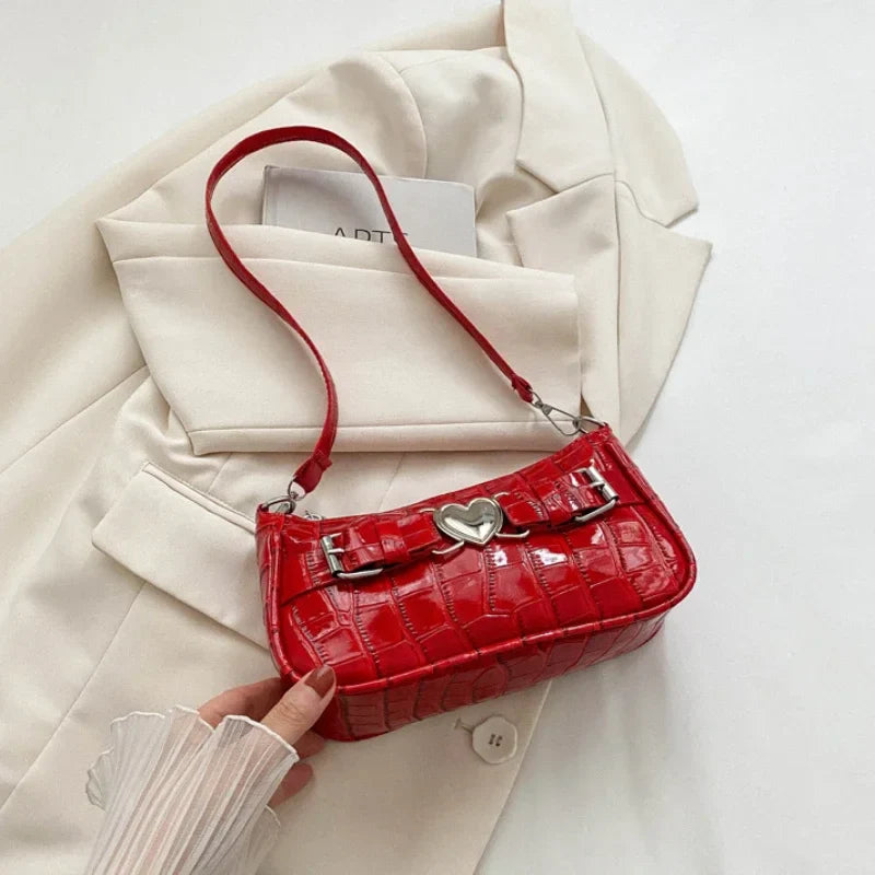 Women's Y2K Peach Heart Butt Leather Handbag | Alligator Pattern Underarm Shoulder Bag with Heart Pin Buckle (Fashion Girls Mini Tote)