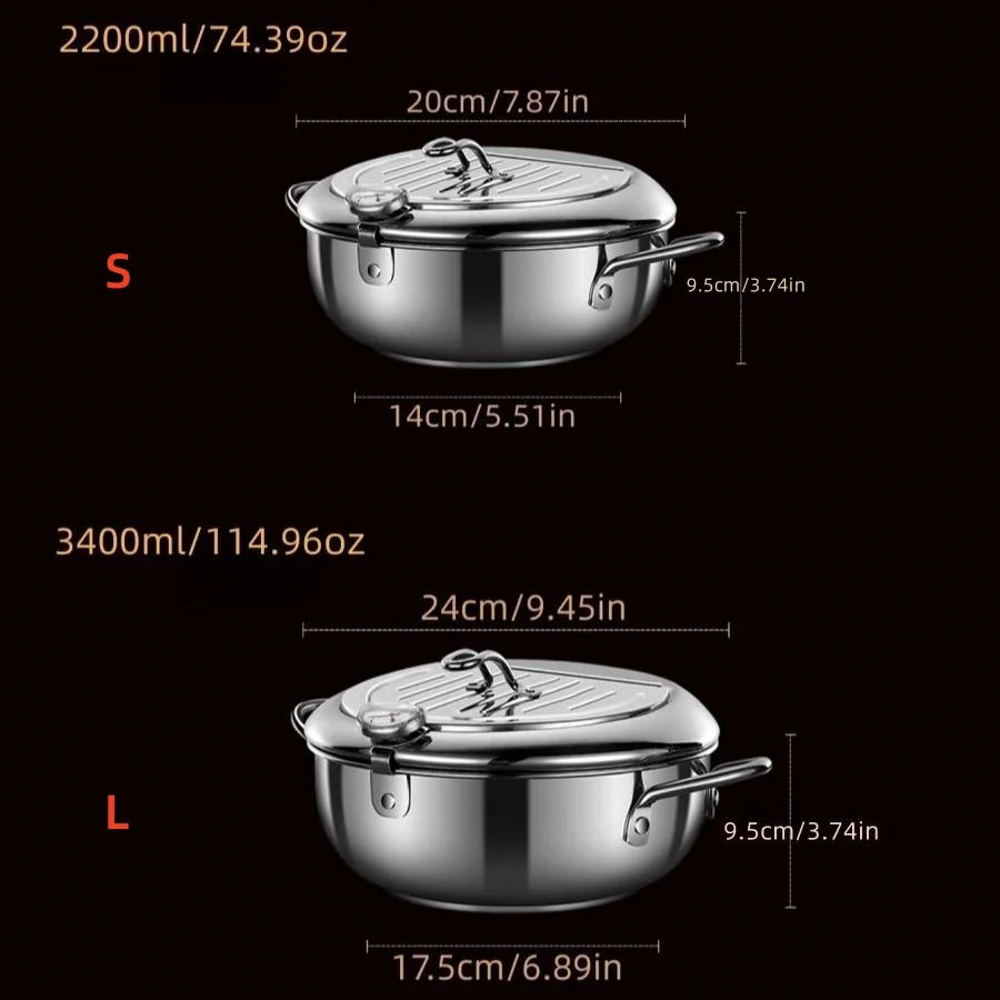 Japanese Deep Frying Pot with a Thermometer and a Lid 304 Stainless Steel Kitchen Tempura Fryer Pan 20 24 cm