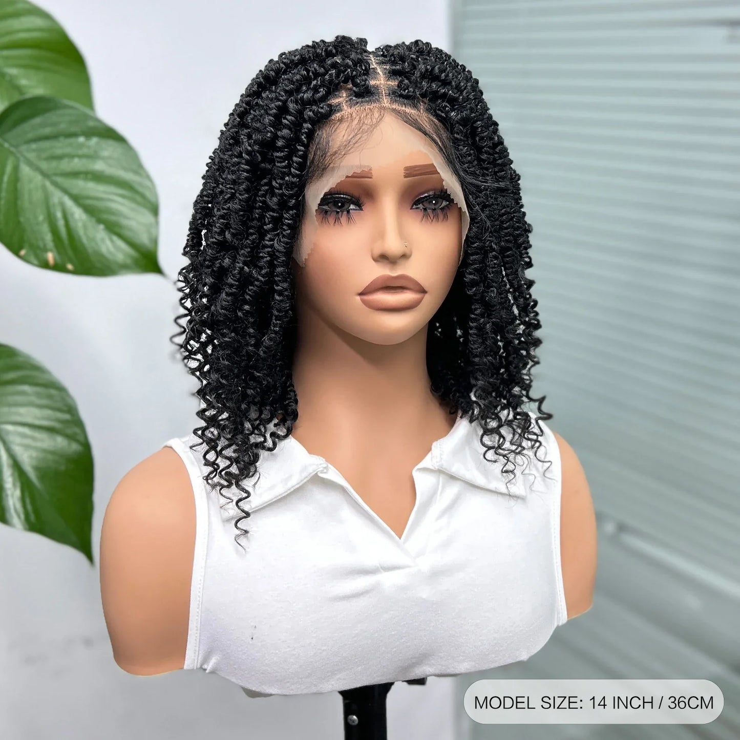 Knotless Box Braided Bob Wig with Curly Ends | Short Twist Braids | Synthetic Lace Front Wig | Handmade for Black Women