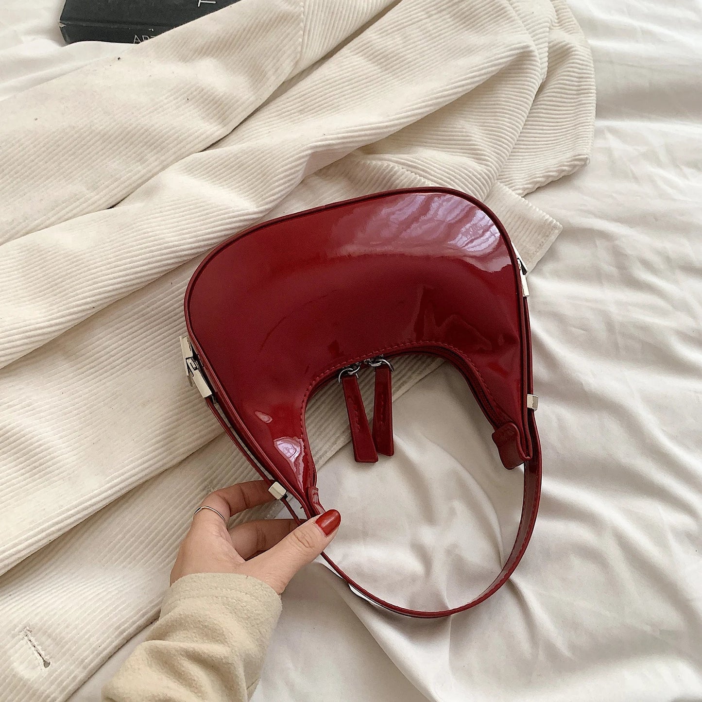 Half Moon Bag Vintage PU Leather Small Handbag | Luxury Brands Women's Shoulder Bags & Retro Red Ladies Armpit Purses (Girls Mini Totes)