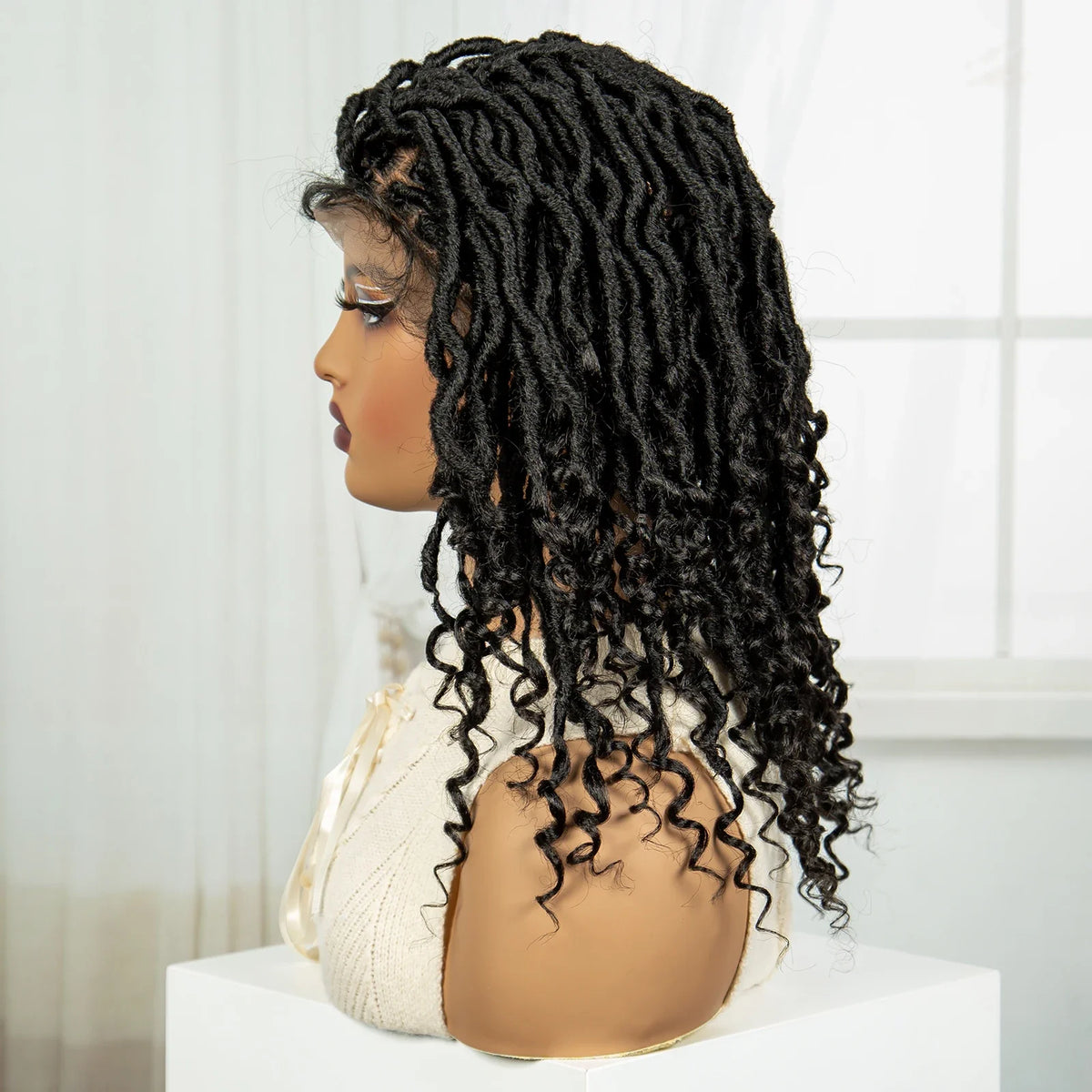 Curly Ends Dreadlock Braided Wig | Synthetic Lace Front Goddess Locs Braid Wig with Baby Hair | Faux Locs Wig for Black Women