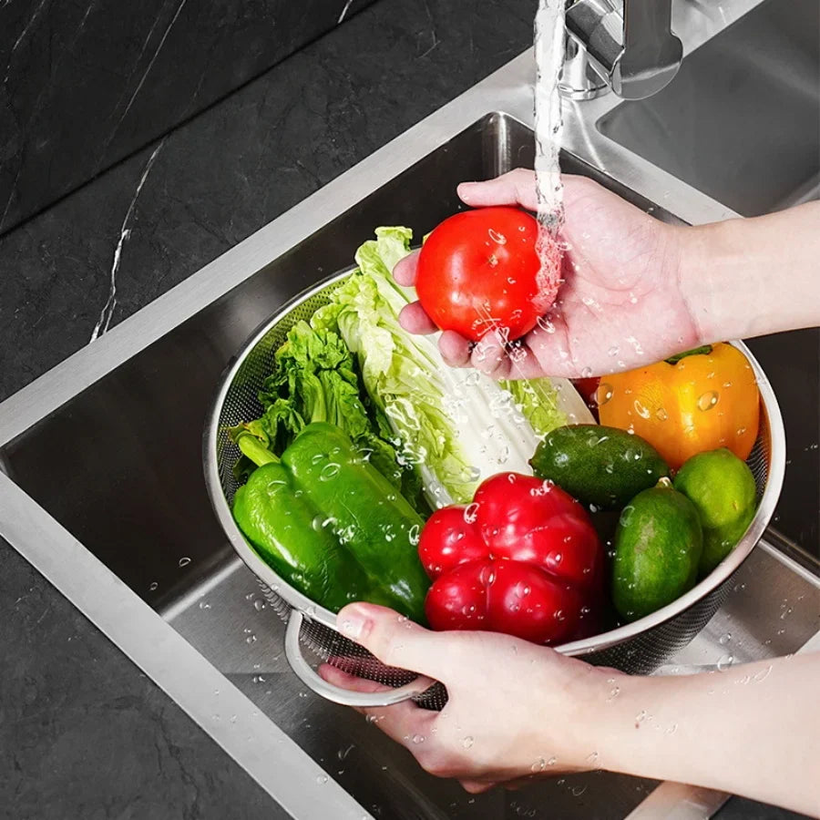 Stainless steel drain basket, vegetable washing basket, perforated basket, rice washing basket, sieve and filter water