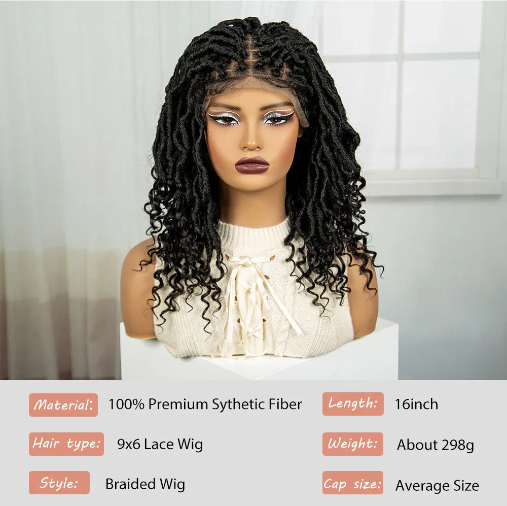 Curly Ends Dreadlock Braided Wig | Synthetic Lace Front Goddess Locs Braid Wig with Baby Hair | Faux Locs Wig for Black Women