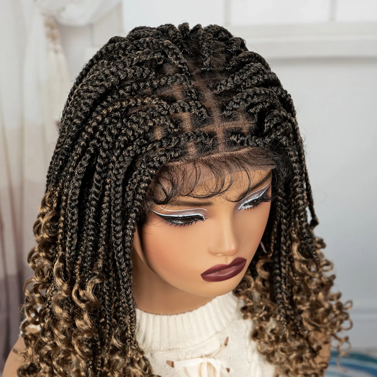 Knotless Box Boho Braided Wig with Curly Ends | Short Bob Style | Full Lace Synthetic Wig for Black Women