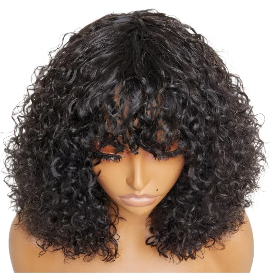 Brazilian Jerry Curly Human Hair Bob Wig with Bangs | Natural Highlight Honey Water Wave Kinky Curly Wigs for Women