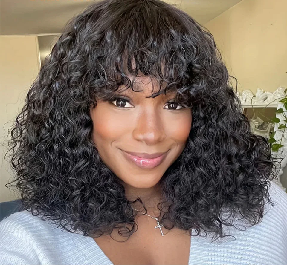 Highlight Honey Blonde Jerry Curly Bob Wig with Bangs | Non-Lace Front Human Hair
