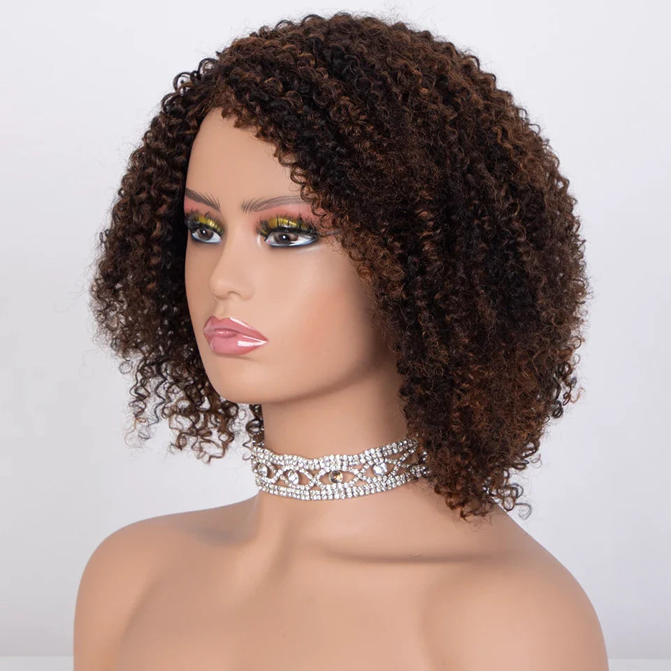 Ombre Highlight Afro Kinky Curly Human Hair Bob Wig | Full Machine Made Peruvian Remy