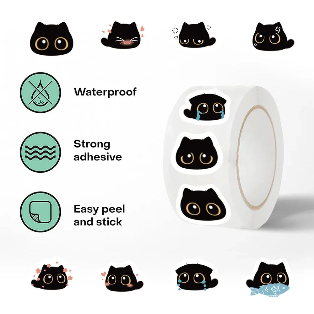 500pcs Funny Kawaii Black Cat Stickers Roll Cute Decals DIY Fridge Notebook Phone Laptop Bike Wall Stationery Sticker Kids Toys
