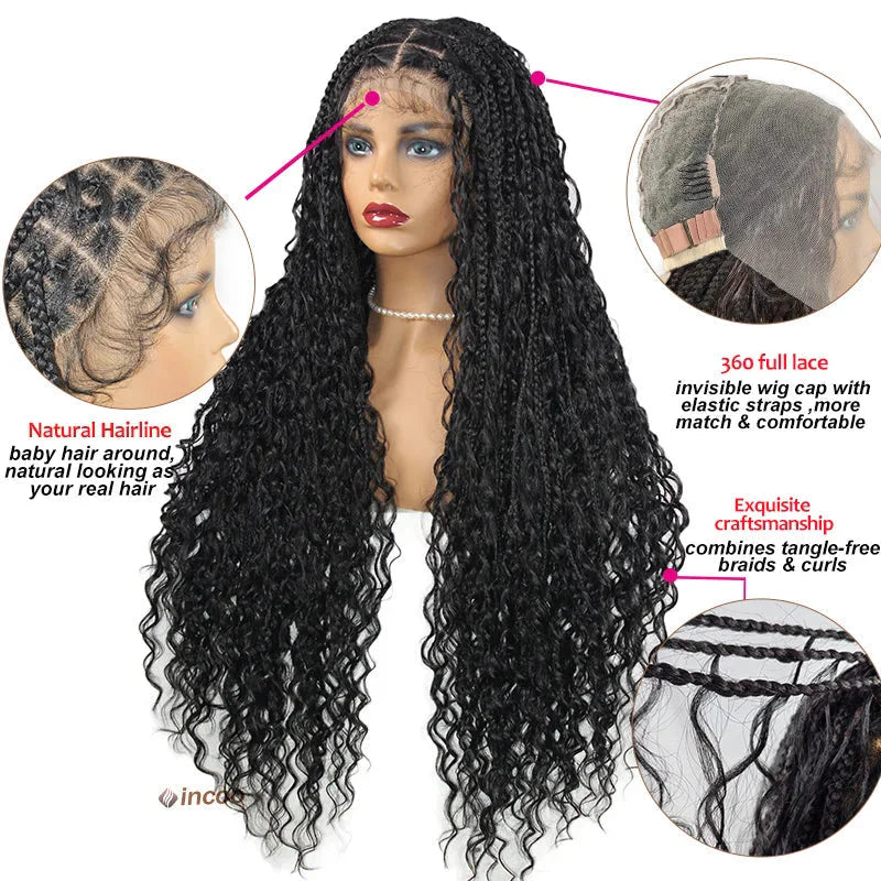 Boho Curly End Braided Full Lace Front Wig | Goddess Locs | Knotless Box Braids | Synthetic Bohemian Wig
