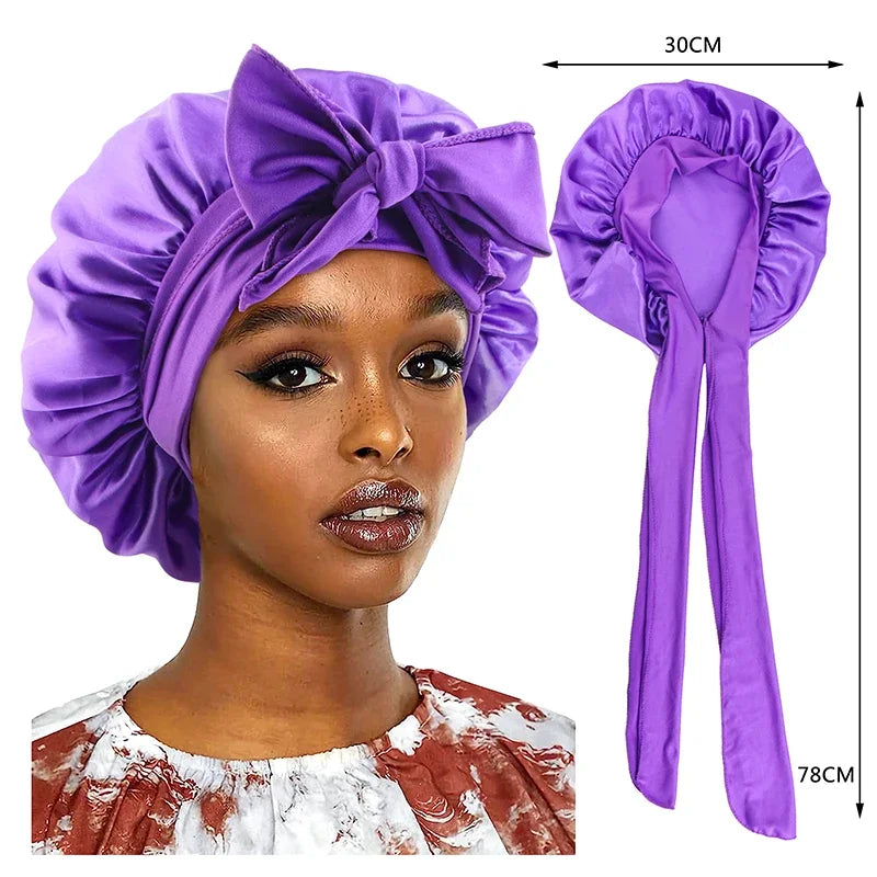 New Satin Sleeping Cap for Women Solid Wide Band Stretch Head Tie Silky Bonnet Edge Wrap Nightcap Hair Care Shower Head Cover