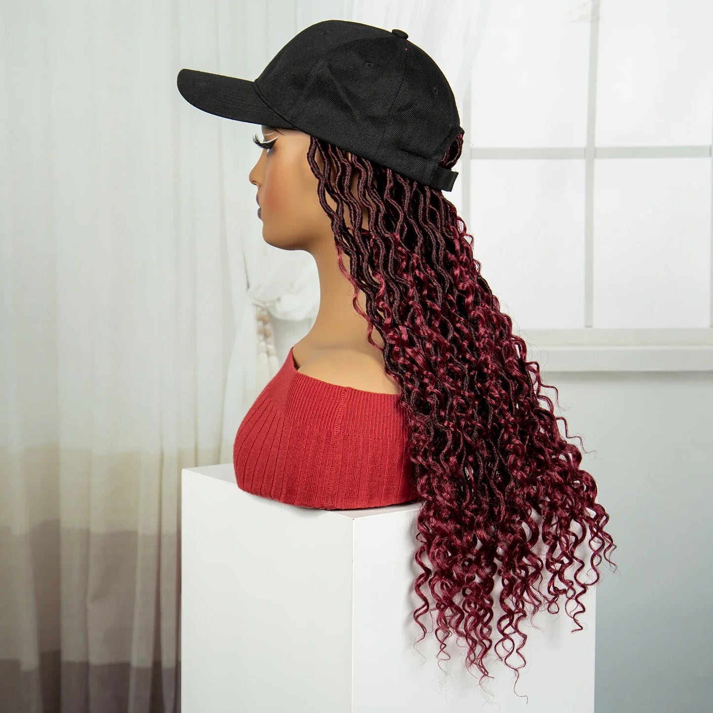 Burgundy Knotless Braids Hat Wig with Curly Ends | Adjustable Baseball Cap