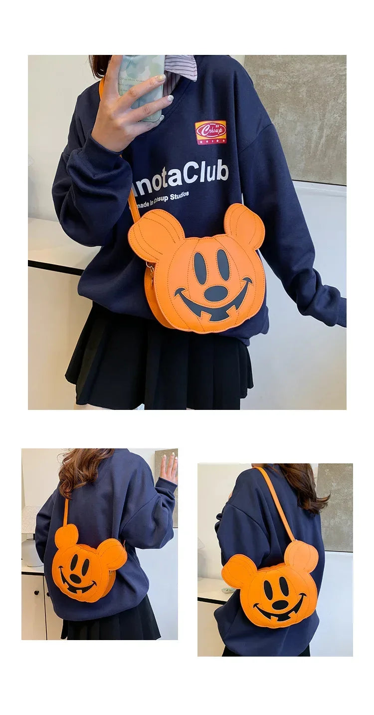 New Disney Mickey Halloween Pumpkin Creative Shoulder Bag | Funny Women's PU Crossbody Cartoon Bag (Personalized Niche Design)