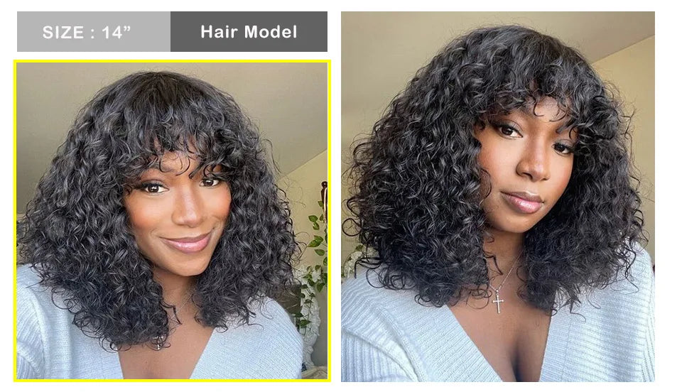 Highlight Honey Blonde Jerry Curly Bob Wig with Bangs | Non-Lace Front Human Hair